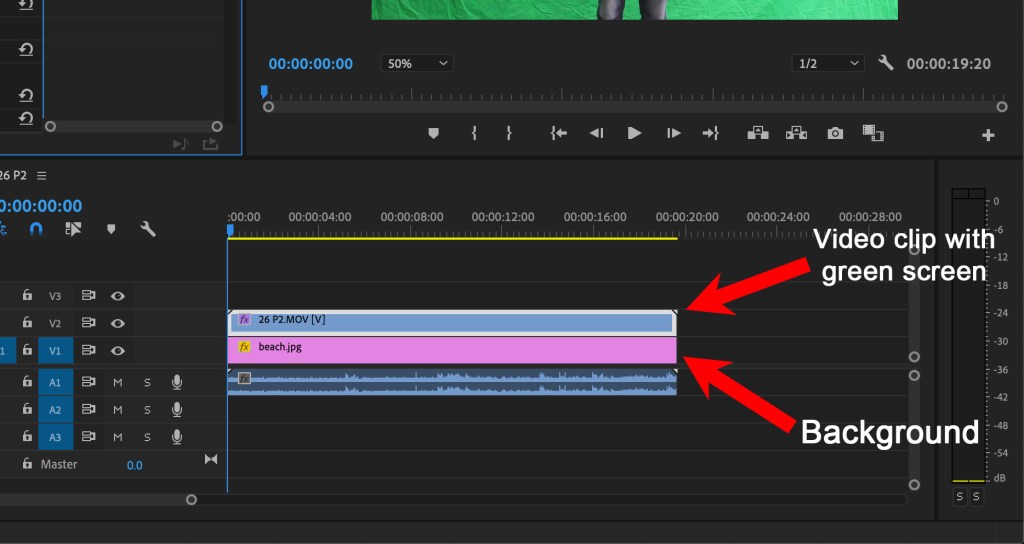 An image with the green screen clip on top of the background clip in Adobe Premiers timeline.