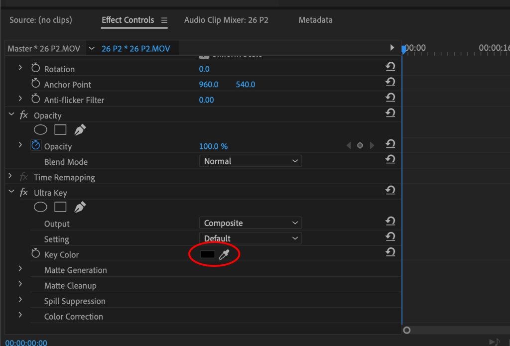An image showing where the colour picker tool is within the Ultra Key effect controls.